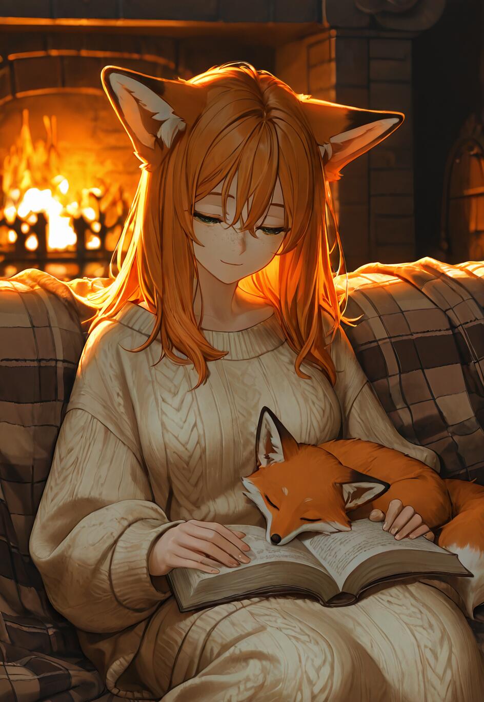 Ein Anime-Mädchen mit Fuchs-Aussehen, orangefarbenen Haaren und einem sanften Lächeln sitzt am Kamin und trägt einen gemütlichen, cremefarbenen Pullover. Ein kleiner Fuchs schläft friedlich auf einem offenen Buch in ihrem Schoß.