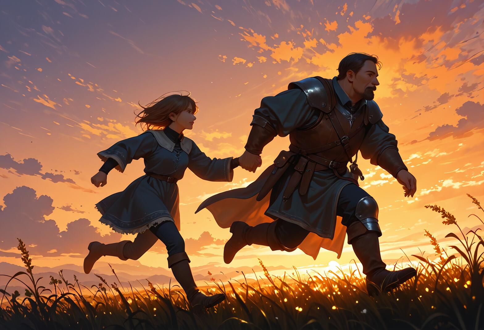 Eine fantastische Illustration, die einen großen, kräftigen Ritter und ein junges Mädchen zeigt, die Hand in Hand über eine grasbewachsene Wiese laufen, während ein leuchtend orangefarbenes Abendrot den Himmel färbt. Der Mann trägt eine Rüstung, und das Mädchen trägt ein blaues Kleid.