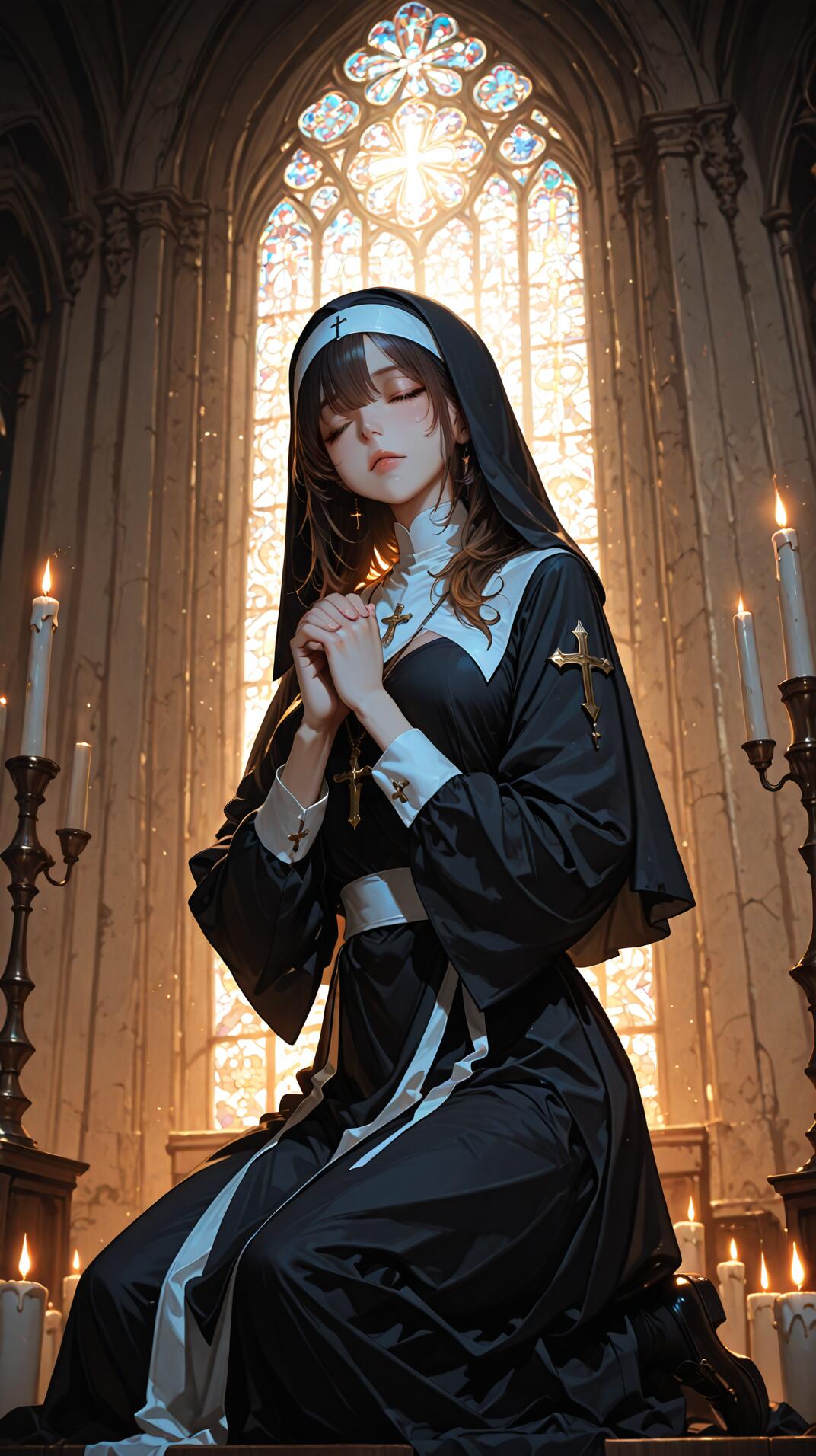 Eine im Anime-Stil gehaltene Illustration einer jungen Nonne mit dunkelblondem Haar, die in einer prächtigen Kirche kniend betet. Das Bild ist von dem Licht eines großen Buntglasfensters und umgebenden Kerzen beleuchtet.