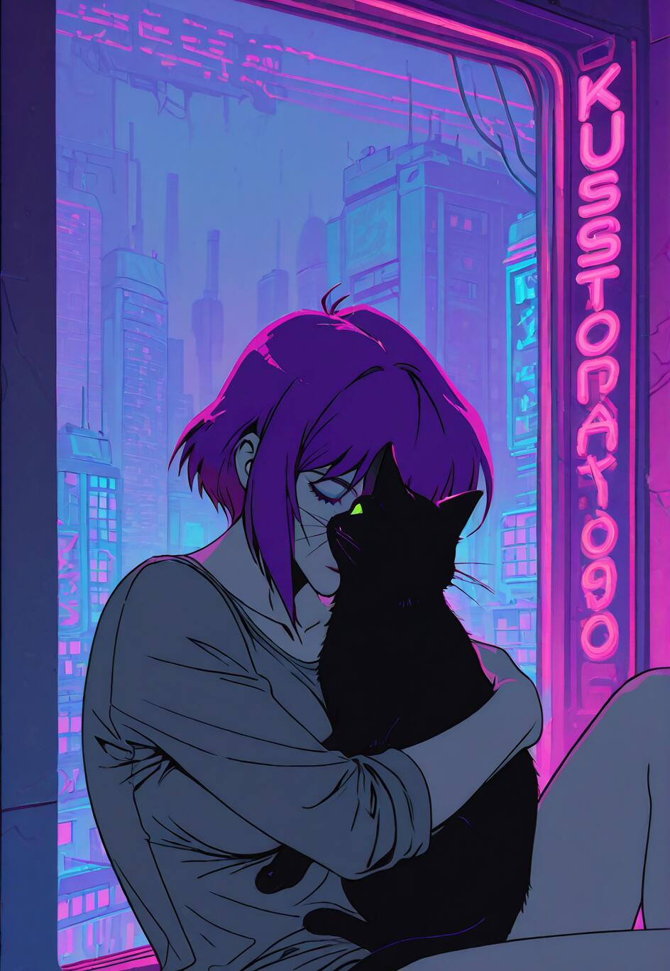 Eine im Anime-Stil gehaltene Illustration von Motoko Kusanagi aus „Ghost in the Shell“, die kurze, violette Haare hat, an einem Fenster sitzt und eine schwarze Katze zärtlich umarmt. Draußen erstrahlt eine futuristische Stadtlandschaft in leuchtenden violetten und pinkfarbenen Neonlichtern.