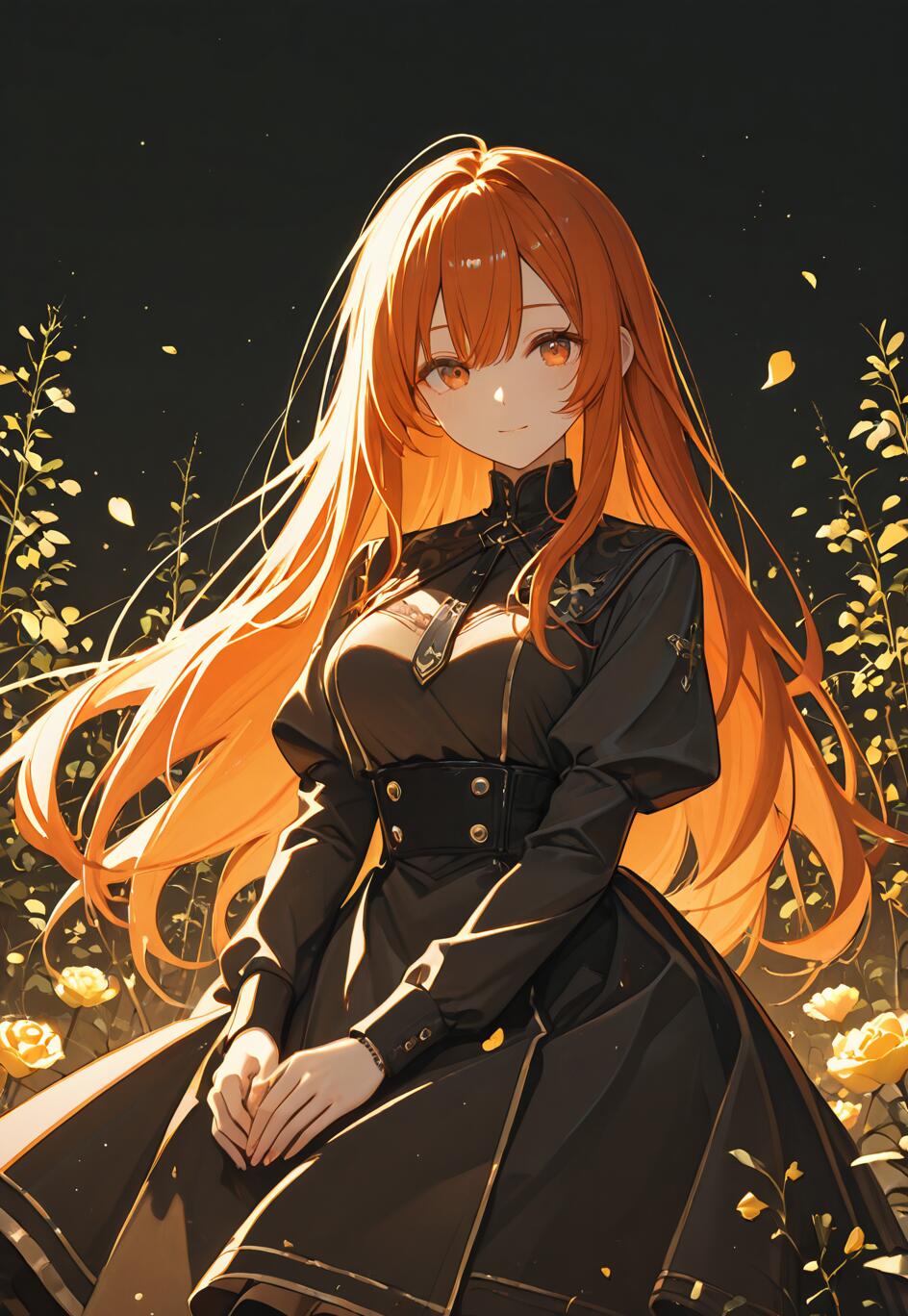 Eine im Anime-Stil gehaltene Illustration von Ritsuka Fujimaru (Gudako) aus Fate/Grand Order, einer jungen Frau mit langem, leuchtend orangefarbenem Haar und bernsteinfarbenen Augen, die ein elegantes schwarzes Kleid in einem dunklen Garten trägt, der mit goldenen Rosen gefüllt ist.