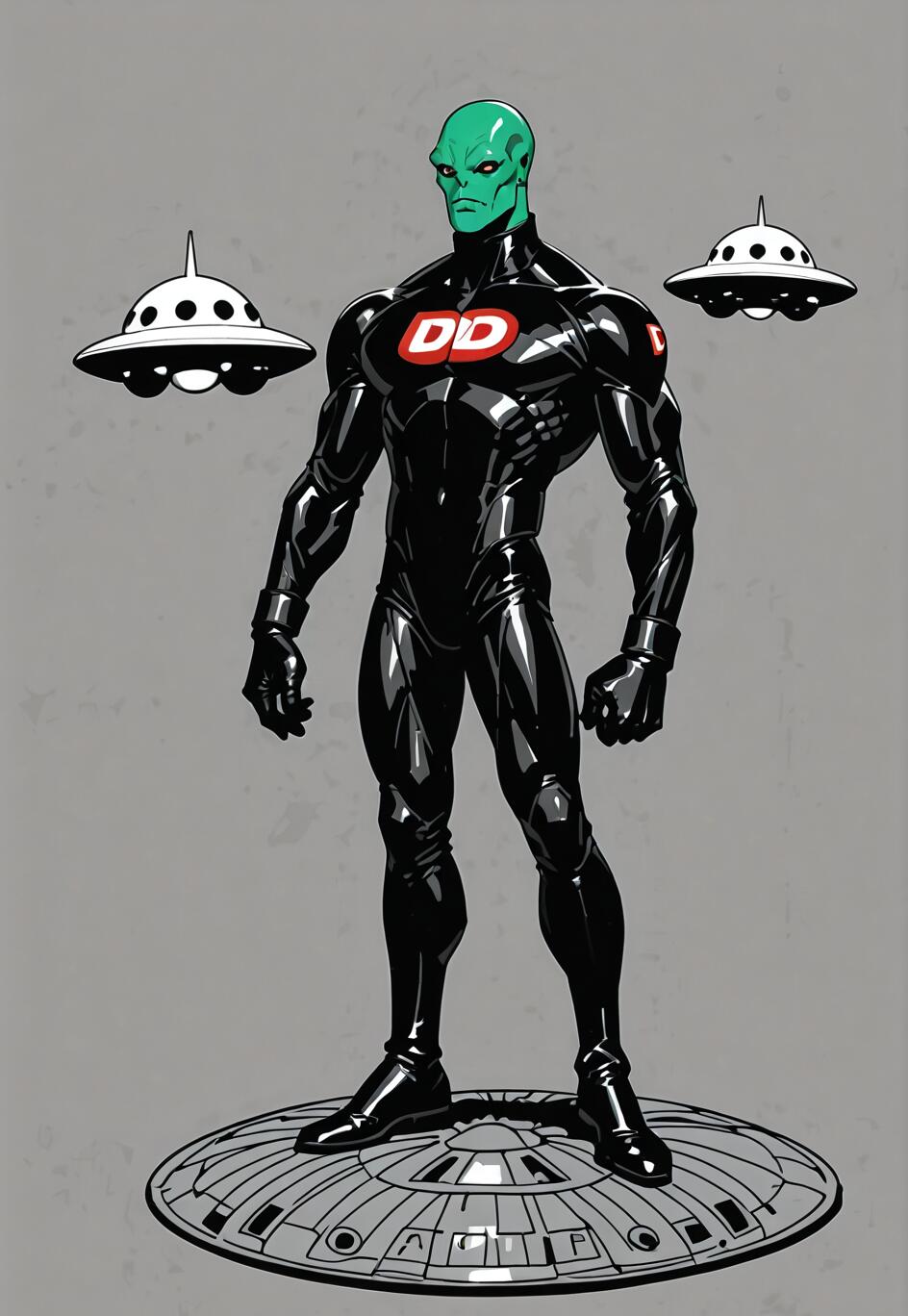 Eine Ganzkörperillustration eines muskulösen, grünhäutigen Aliens in einem glänzenden schwarzen Anzug mit einem roten „DD“-Logo, das auf einem UFO steht, während im Hintergrund zwei kleinere UFOs zu sehen sind.
