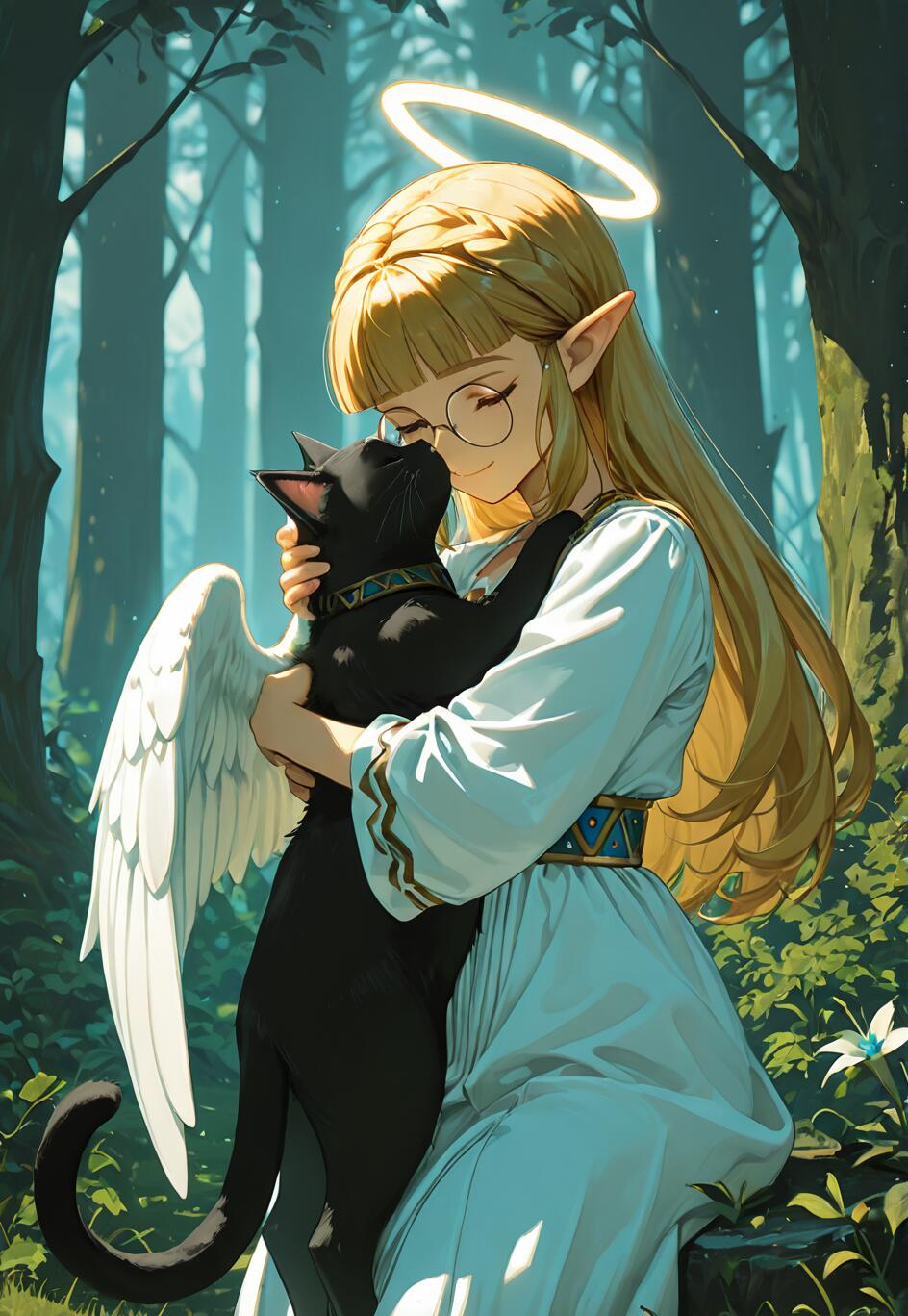 Eine im Anime-Stil gehaltene Illustration von Prinzessin Zelda mit langem, blondem Haar, spitzen Ohren, einem Heiligenschein und einem Engelsflügel, die in einem Wald sitzt und eine schwarze Katze liebevoll umarmt.