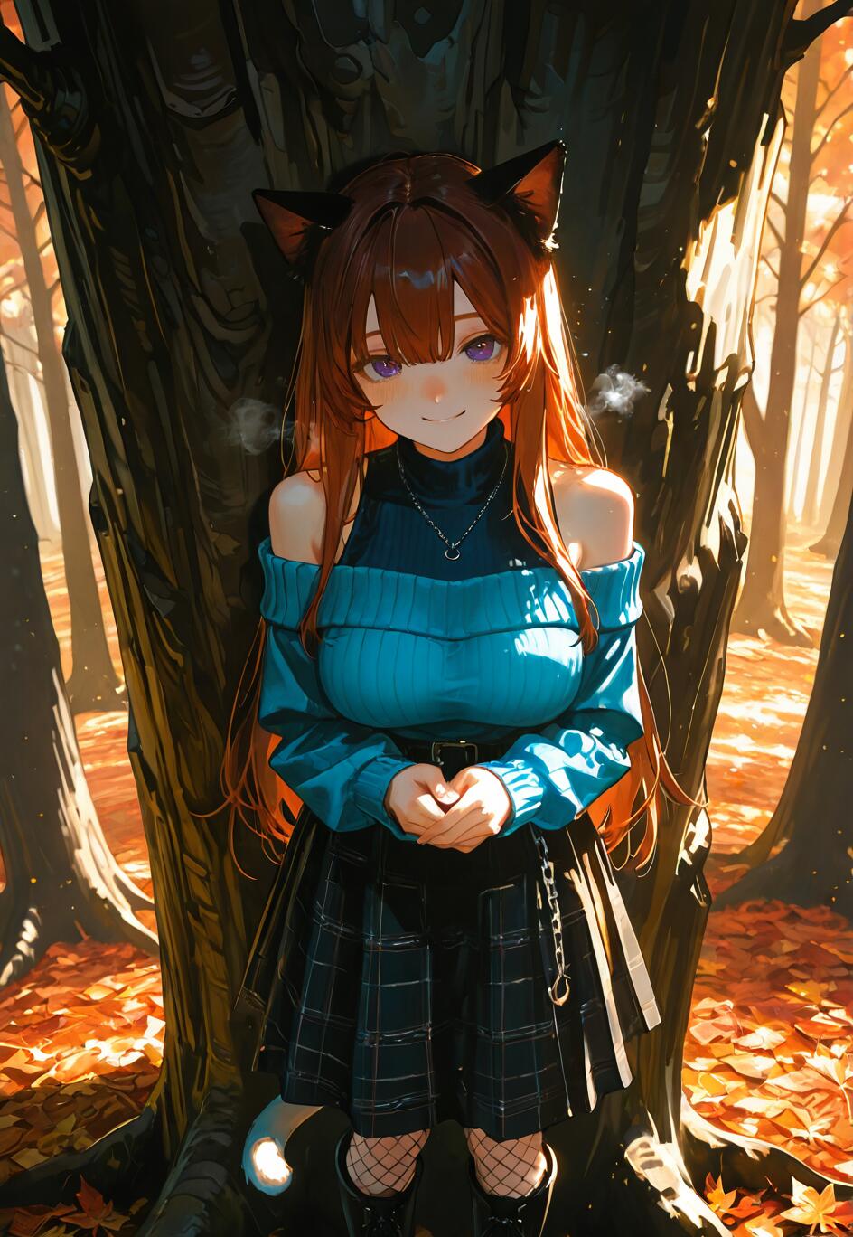 Eine Ganzkörperillustration eines Anime-Mädchens mit Katzenohren, langen braunen Haaren und violetten Augen, das einen blauen Pullover mit freiem Schulterbereich und einen karierten Rock trägt und in einem Herbstwald vor einem großen Baum steht.