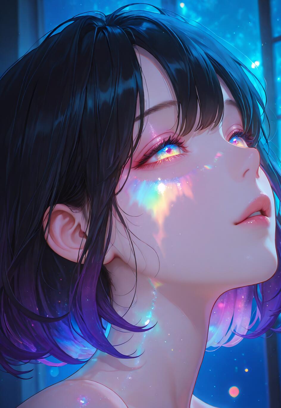 Ein detailreiches, künstlerisches Porträt einer Frau im Anime-Stil mit kurzen, schwarzen Haaren und violetten Haarspitzen, die nach oben blickt. Ein leuchtendes, regenbogenfarbenes Licht wird in ihren Augen reflektiert und wirft einen Schein auf ihre Wange vor einem sternenübersäten, blauen Hintergrund.