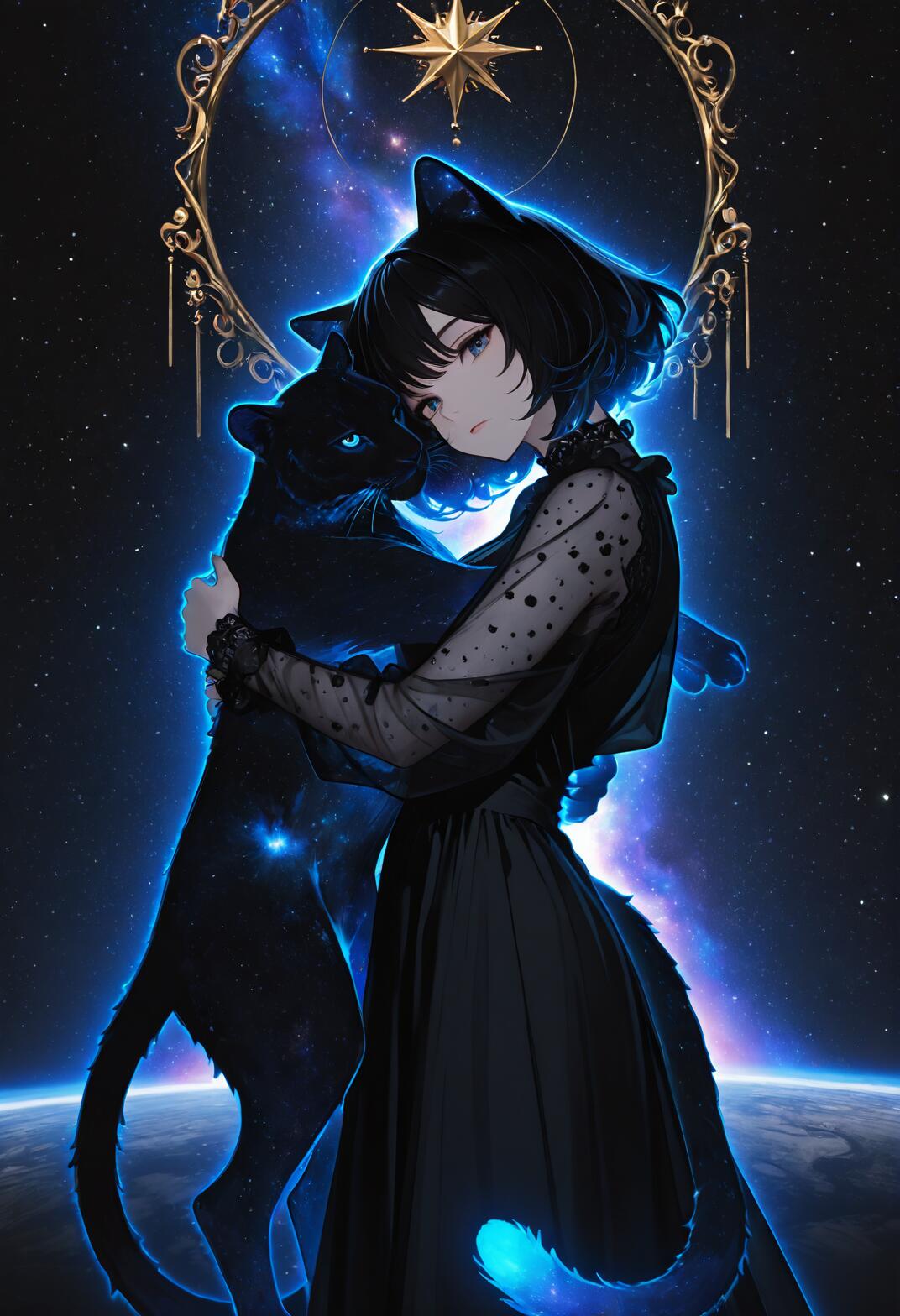 Ein Anime-Mädchen mit Katzenohren, kurzem, schwarzem Haar und einem langen, schwarzen Kleid mit durchsichtigen Ärmeln, das einen großen, schwarzen Panther umarmt. Beide sind von einer blauen Aura umgeben, vor einem Hintergrund aus einem sternenübersäten Weltraum, mit einem Planeten darunter und einem goldenen, himmlischen Symbol darüber.