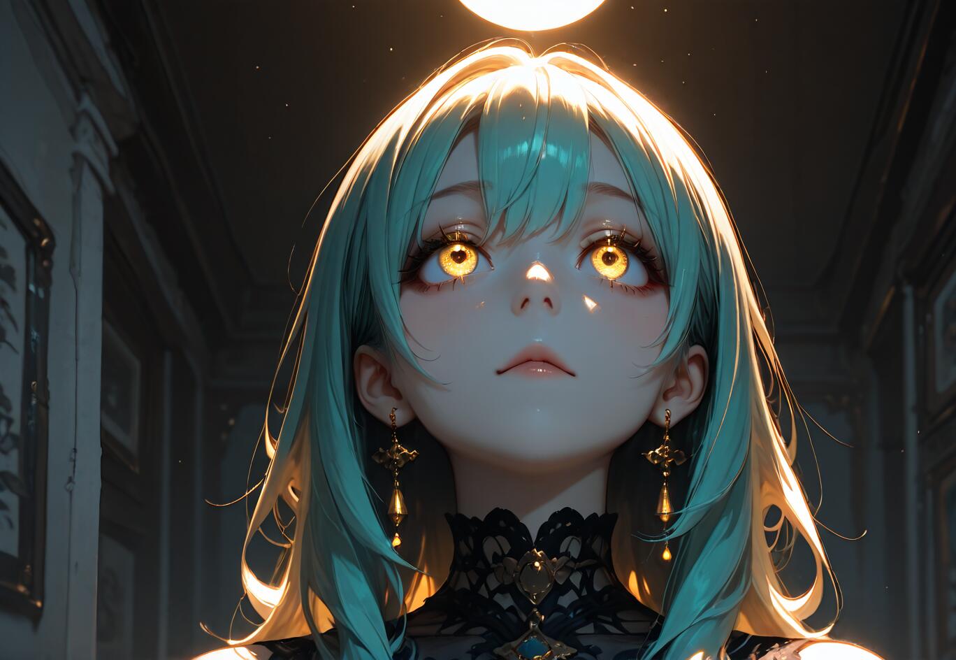 Ein Nahaufnahmeporträt eines Anime-Mädchens mit türkisfarbenem Haar und leuchtend goldenen Augen, das in einem dunklen Raum nach oben zu einem hellen Licht blickt. Sie trägt eine schwarze Spitzenhalskette und kunstvolle Kreuzohrringe.