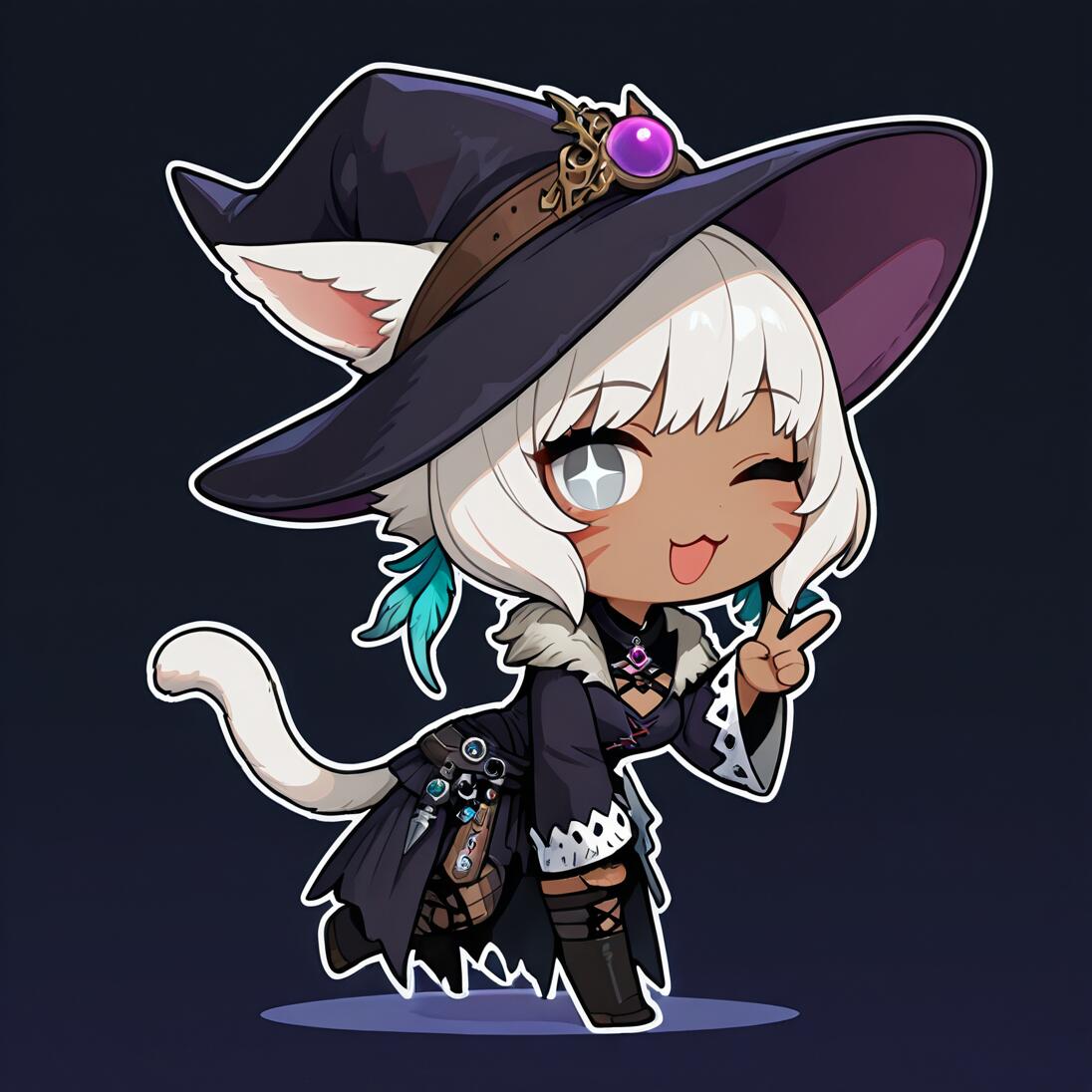 Eine niedliche Chibi-Zeichnung von Y'shtola Rhul aus Final Fantasy XIV, einem dunkelhäutigen Katzenmädchen mit weißen Haaren, das als Hexe verkleidet ist. Sie zwinkert und zeigt das Friedenszeichen.