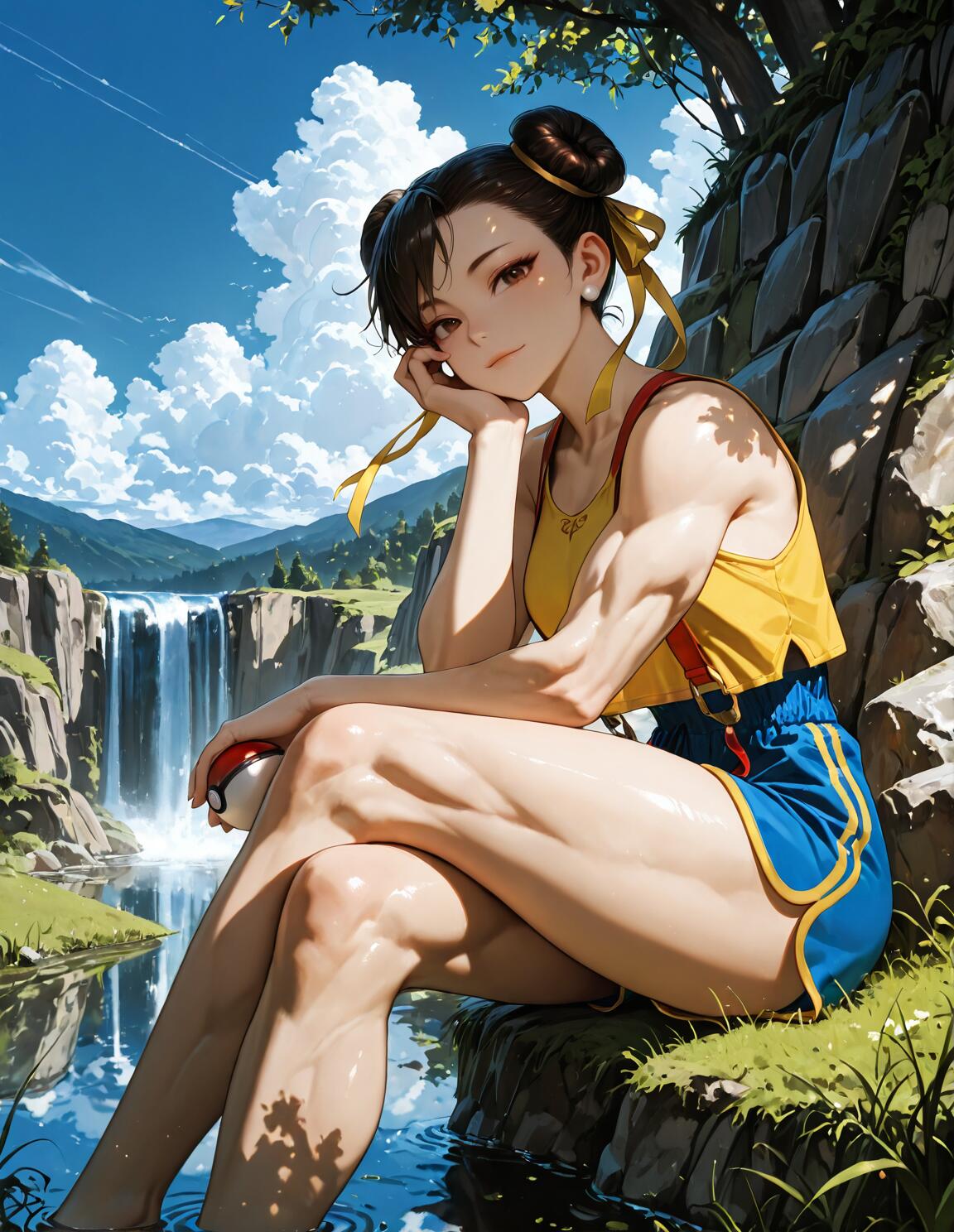 Chun-Li aus Street Fighter sitzt an einem See in einer sonnigen, naturnahen Umgebung mit einem Wasserfall. Sie trägt ein gelbes Oberteil und eine blaue Shorts und ist als Pokémon-Trainerin gekleidet. Sie hält einen Pokéball in der Hand und lächelt den Betrachter an.
