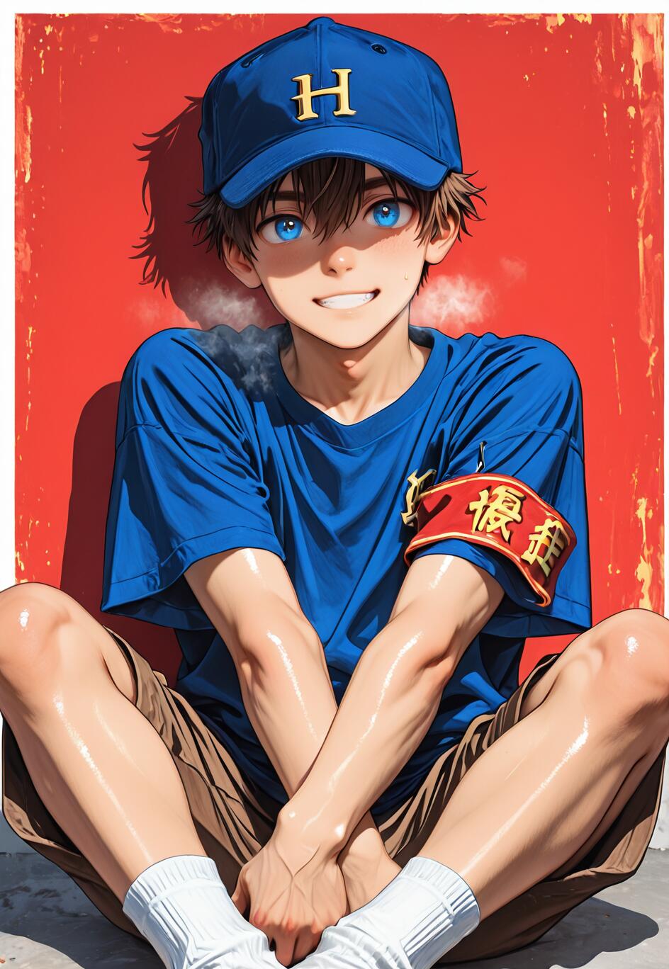 Ein junger Mann im Anime-Stil mit braunen Haaren und leuchtend blauen Augen, der ein blaues Hemd und eine Baseballkappe mit einem „H“ trägt, sitzt selbstbewusst mit verschränkten Armen und Beinen vor einer roten Wand und lächelt.