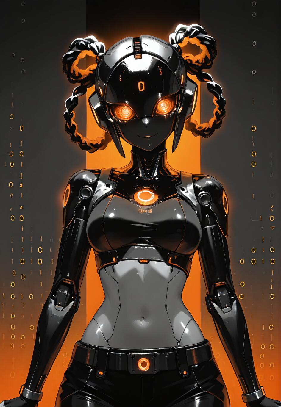 Eine digitale Illustration einer weiblichen Androidenfigur mit einem schwarz-grauen Körper, leuchtend orangefarbenen Augen und Haaren, die aus leuchtend orangefarbenen, zu Zöpfen geflochtenen Kabeln bestehen und zu zwei Duttfrisuren gestylt sind. Der Hintergrund ist dunkel und zeigt herabfallenden Binärcode.