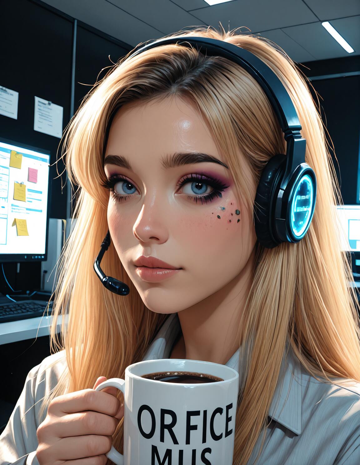 Ein digitales Gemälde einer jungen, blonden Frau mit blauen Augen, die ein leuchtendes Headset trägt und in einem Büro eine Kaffeetasse hält.