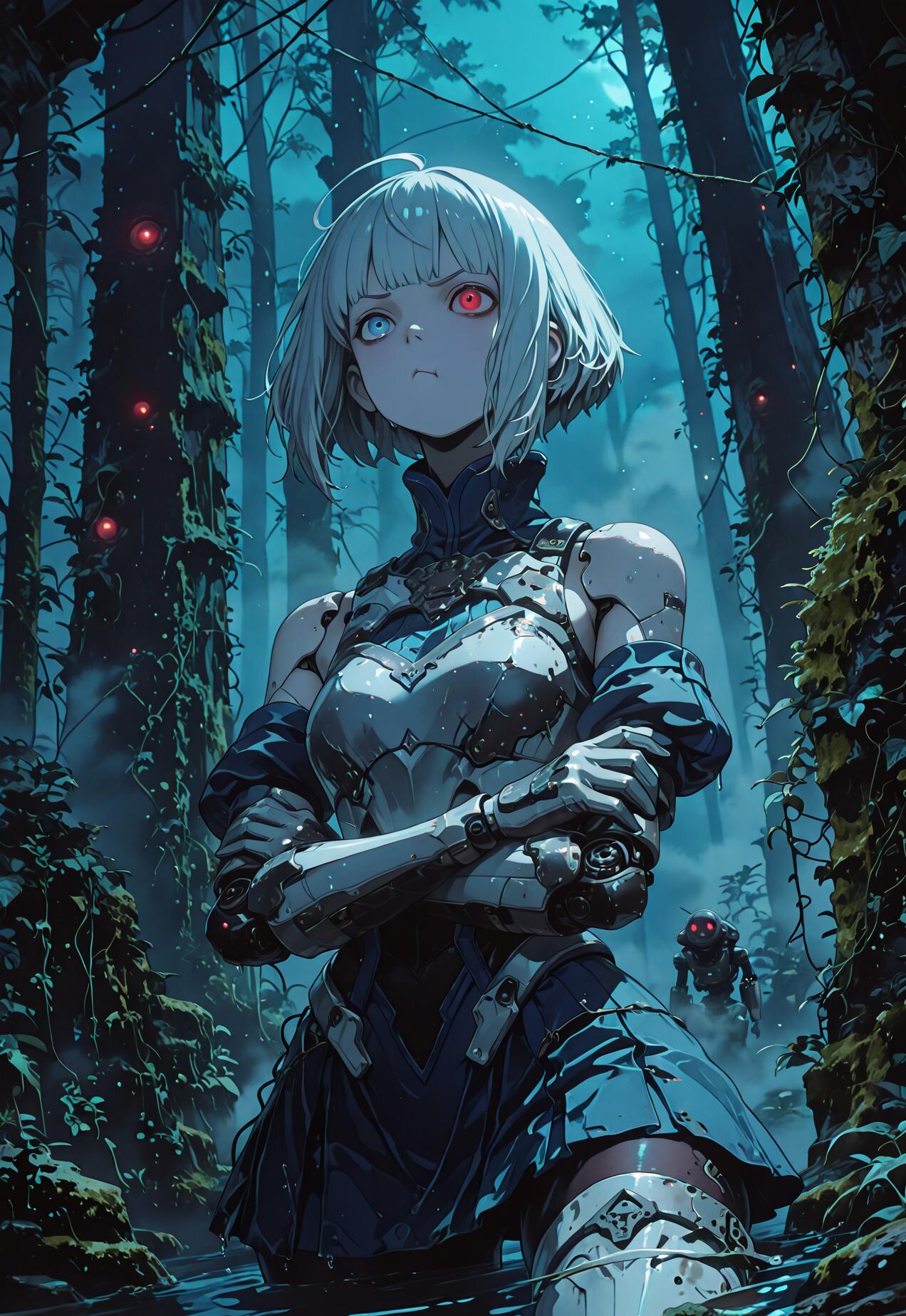 Eine weibliche Cyborg mit kurzem, silbernem Haar, einem roten und einem blauen Auge steht mit verschränkten Armen in einem dunklen, blau beleuchteten, sumpfigen Wald in der Nacht. Sie trägt eine weiße und blaue Rüstung, und im Hintergrund ist ein kleiner Roboter zu sehen.