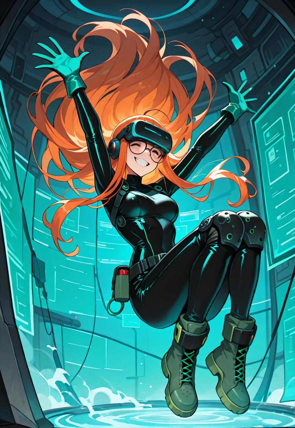 Eine im Anime-Stil gehaltene Illustration von Futaba Sakura aus Persona 5, die in einer futuristischen Umgebung schwebt. Sie hat langes, orangefarbenes Haar, trägt eine Brille und hat ein breites Lächeln. Sie ist in ihren schwarzen Oracle-Anzug gekleidet, dazu ein VR-Headset, grüne Handschuhe und Stiefel, und ihre Arme sind in die Luft erhoben.