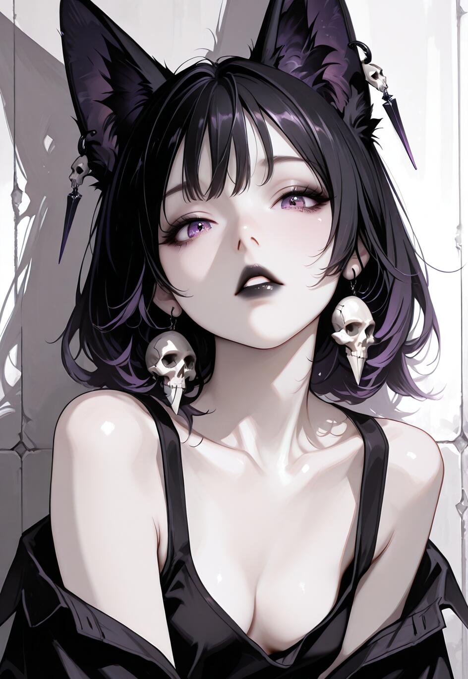 Eine im Anime-Stil gehaltene Illustration eines Mädchens mit schwarzen Fuchsöhren, violetten Augen und schwarzem Lippenstift. Sie trägt Schädel-Ohrringe und ein schwarzes ärmelloses Oberteil und blickt den Betrachter mit einem verführerischen Ausdruck direkt an.