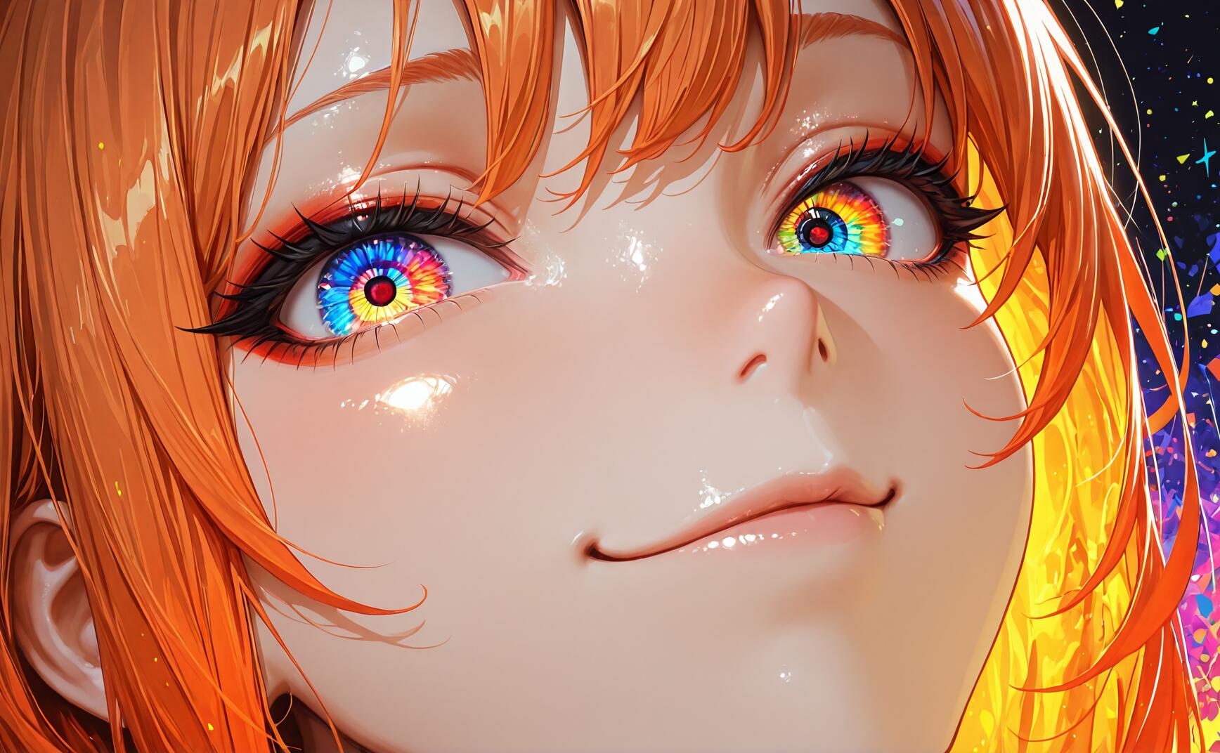 Eine Nahaufnahme einer Anime-Figur, die ein Mädchen mit leuchtend orangefarbenem Haar und einem selbstgefälligen Lächeln zeigt. Ihre Augen stehen im Mittelpunkt und weisen komplizierte, leuchtende, kaleidoskopartige Muster mit Ringen in Regenbogenfarben auf.