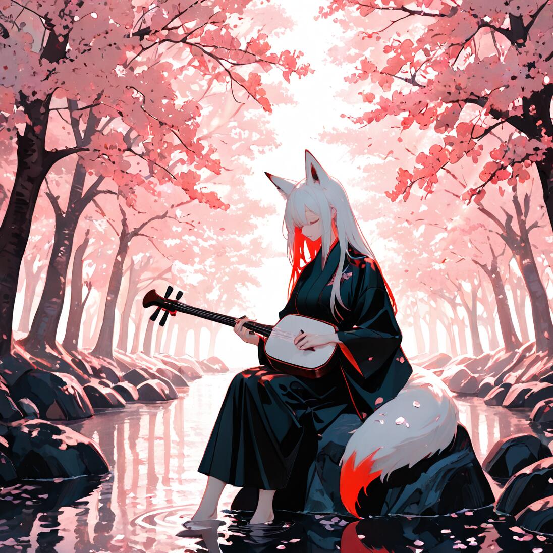 Ein weißhaariges Anime-Fuchs-Mädchen in einem schwarzen Kimono sitzt auf einem Felsen am Ufer eines Flusses und spielt unter rosafarbenen Kirschblütenbäumen eine Shamisen.