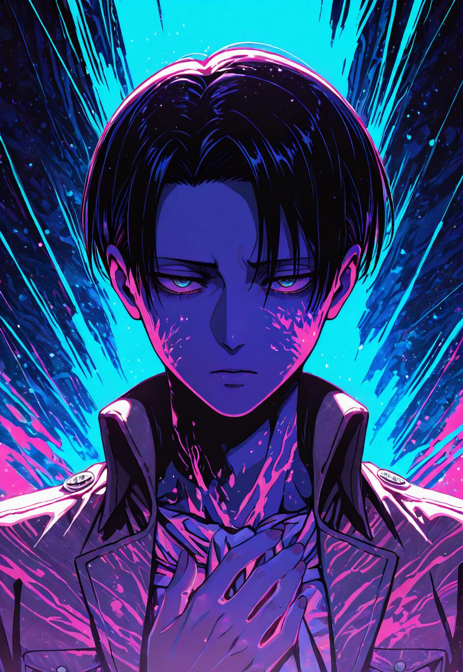 Eine im Anime-Stil gehaltene Illustration von Levi Ackerman aus „Attack on Titan“, wobei seine Hand auf seiner Brust liegt. Das Kunstwerk zeichnet sich durch eine lebendige, neonfarbene Farbpalette in Blau-, Rosa- und Lilatönen sowie einen abstrakten, dynamischen Hintergrund aus.