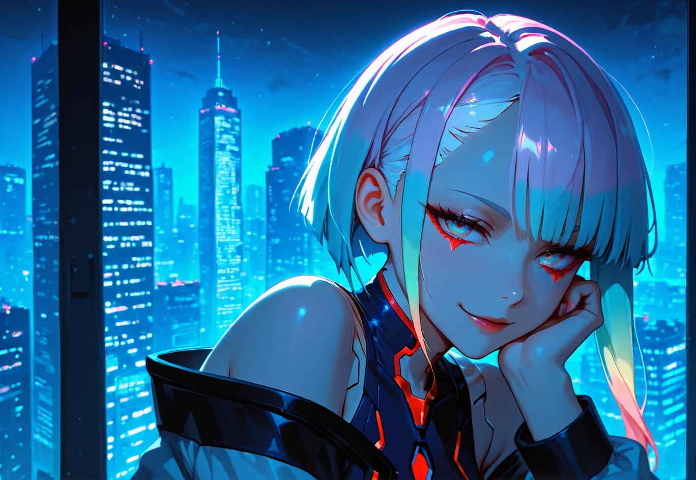 Eine im Anime-Stil gehaltene Illustration von Lucy aus „Cyberpunk: Edgerunners“, einer jungen Frau mit kurzen, weißen und regenbogenfarbenen Haaren, die den Betrachter mit einem verschmitzten Lächeln ansieht. Sie steht vor einem Fenster mit Blick auf eine futuristische Stadtlandschaft bei Nacht.