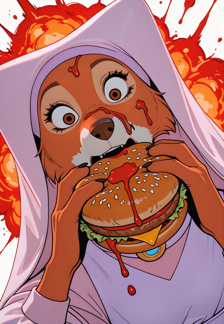 Eine Illustration von Maid Marian, dem Fuchs aus Disneys Robin Hood, die schockiert dreinschaut, während sie genüsslich in einen großen Käseburger beißt. Ketchup ist auf ihrem Gesicht verschmiert und tropft vom Burger, vor einem roten und orangefarbenen, dynamischen Hintergrund.