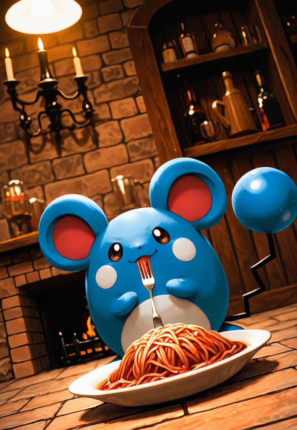 Das Pokémon Marill, ein rundes, blaues Wesen mit großen Ohren, sitzt an einem Holztisch in einem rustikalen Raum und isst vergnügt einen großen Teller Spaghetti, wobei es die Gabel im Maul hält. Im gemütlichen Hintergrund sind ein warmer Kamin und ein Regal mit Flaschen zu sehen.