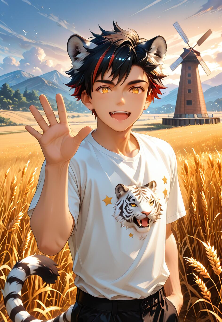 Ein Anime-Junge mit schwarzen und roten Haaren, Tigerohren und einem Tigerschwanz, der als Nagumo Tetora aus „Ensemble Stars!!“ identifiziert wird. Er lächelt und winkt in einem goldenen Weizenfeld, im Hintergrund ist eine Windmühle zu sehen.
