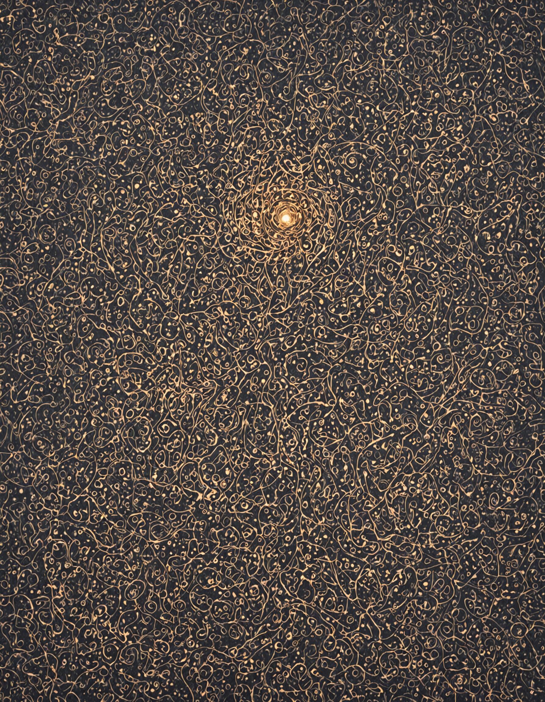 Ein abstraktes Gemälde mit einem dunklen Hintergrund, der von einem dichten, komplexen Netz aus wirbelnden goldenen Linien und Punkten bedeckt ist. In der oberen Mitte befindet sich eine einzelne, helle, leuchtende Lichtkugel, die als zentraler Blickpunkt dient.