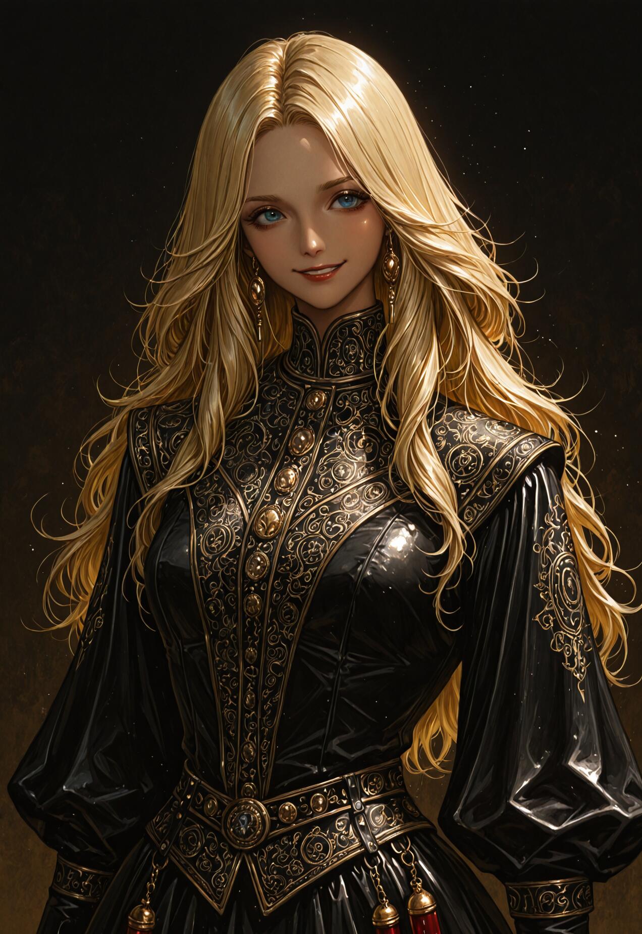 Ein digitales Gemälde, das eine junge Frau von der Taille aufwärts zeigt. Sie hat langes, gewelltes, blondes Haar und blaue Augen und lächelt sanft. Sie trägt ein aufwendig gestaltetes, schwarz-goldenes Fantasy-Kleid mit hohem Kragen vor einem dunklen Hintergrund.