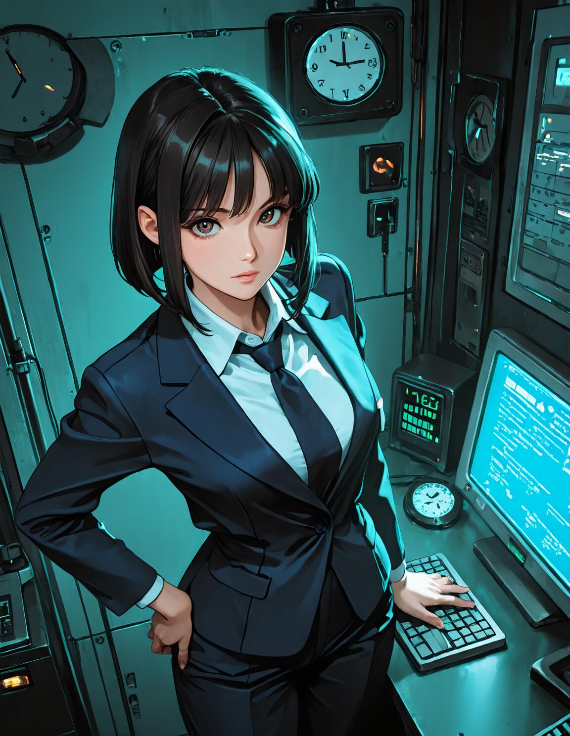 Eine im Anime-Stil gehaltene Illustration einer jungen Frau mit kurzen, schwarzen Haaren, die einen Businessanzug trägt und in einem Computerraum steht. Sie hat eine Hand auf der Hüfte und die andere auf einer Tastatur, und sie blickt direkt in die Kamera, umgeben von Bildschirmen und Uhren, die in einem blau-grünen Licht erstrahlen.