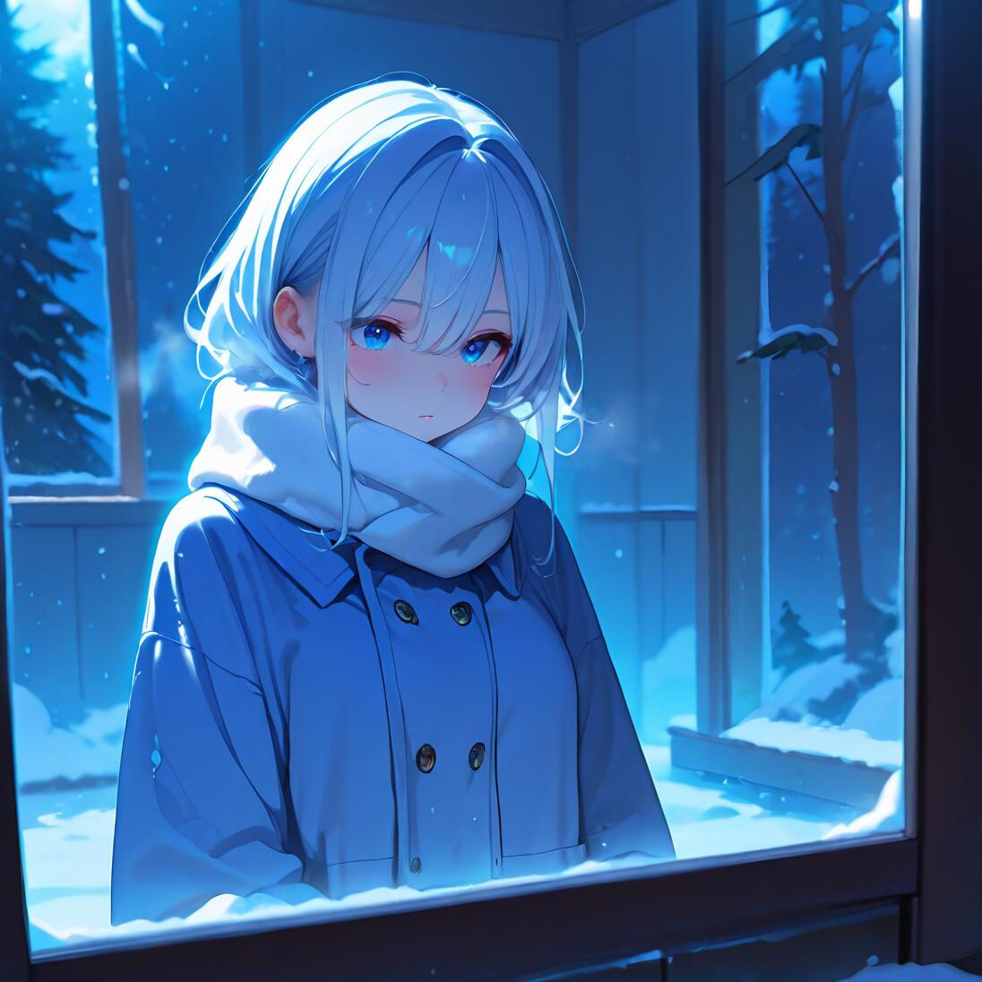 Ein Anime-Mädchen mit hellblauem Haar und einem weißen Schal blickt aus einem Fenster auf eine verschneite Nachtlandschaft. Sie trägt einen blauen Mantel, und das gesamte Bild ist in ein kühles, blaues Licht getaucht.