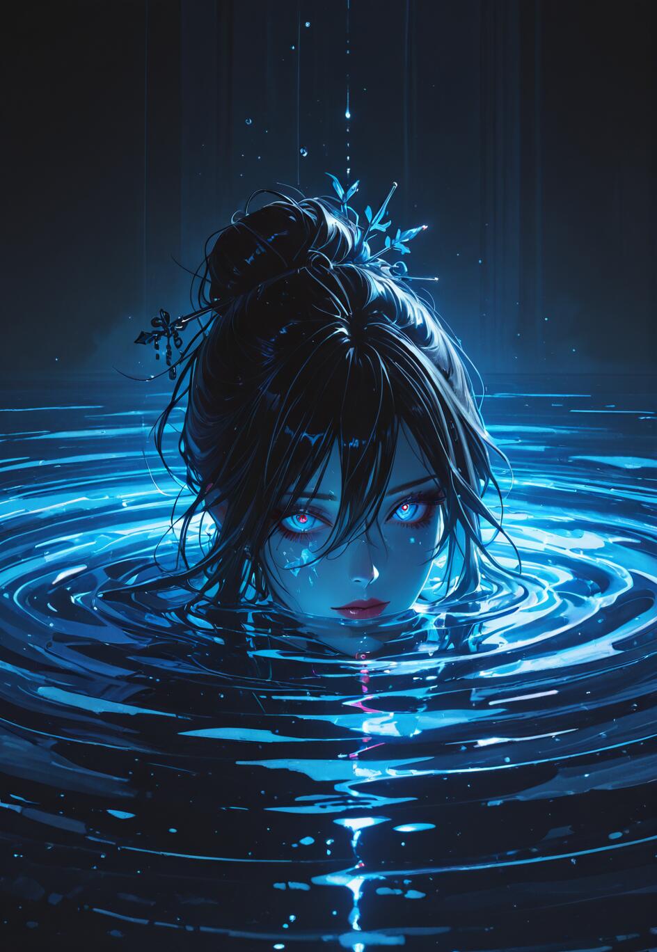 Eine im Anime-Stil gehaltene Illustration einer Frau mit schwarzen, zu einem Knoten hochgesteckten Haaren, die bis zum Hals in dunklem Wasser eintaucht, das in einem blauen Licht schimmert. Um sie herum entstehen Wellen, während sie mit durchdringenden, leuchtend blauen Augen nach vorn blickt.