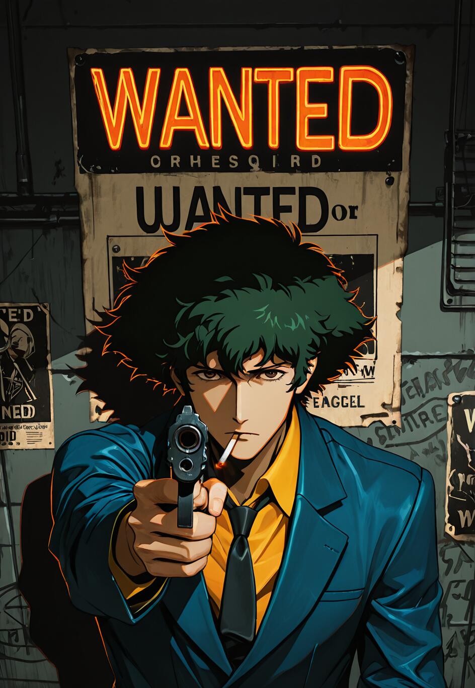 Eine im Anime-Stil gehaltene Illustration von Spike Spiegel aus Cowboy Bebop, der mit einer Pistole auf die Kamera zielt. Er hat zerzaustes, dunkelgrünes Haar, eine Zigarette im Mund und trägt einen blauen Anzug. Hinter ihm befindet sich eine Wand mit einem großen, leuchtenden „GESUCHT“-Schild.