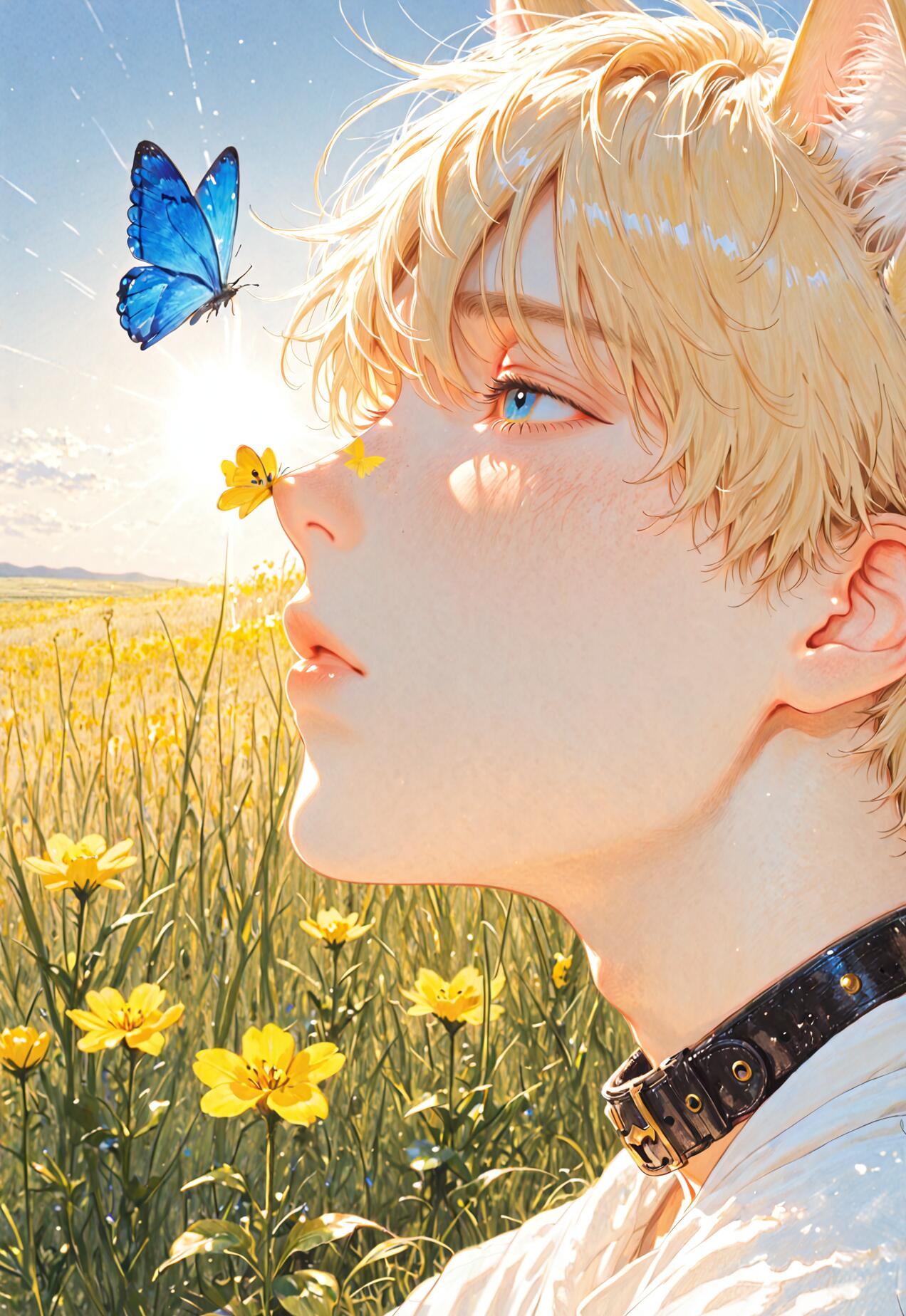Eine im Anime-Stil gehaltene Illustration eines jungen Mannes mit blonden Haaren und Katzenohren, dargestellt im Profil. Er befindet sich auf einer sonnigen Blumenwiese mit gelben Blüten und blickt zu einem blauen Schmetterling auf, der sich in seiner Nähe befindet. Er trägt ein schwarzes Halsband und ein weißes Hemd.