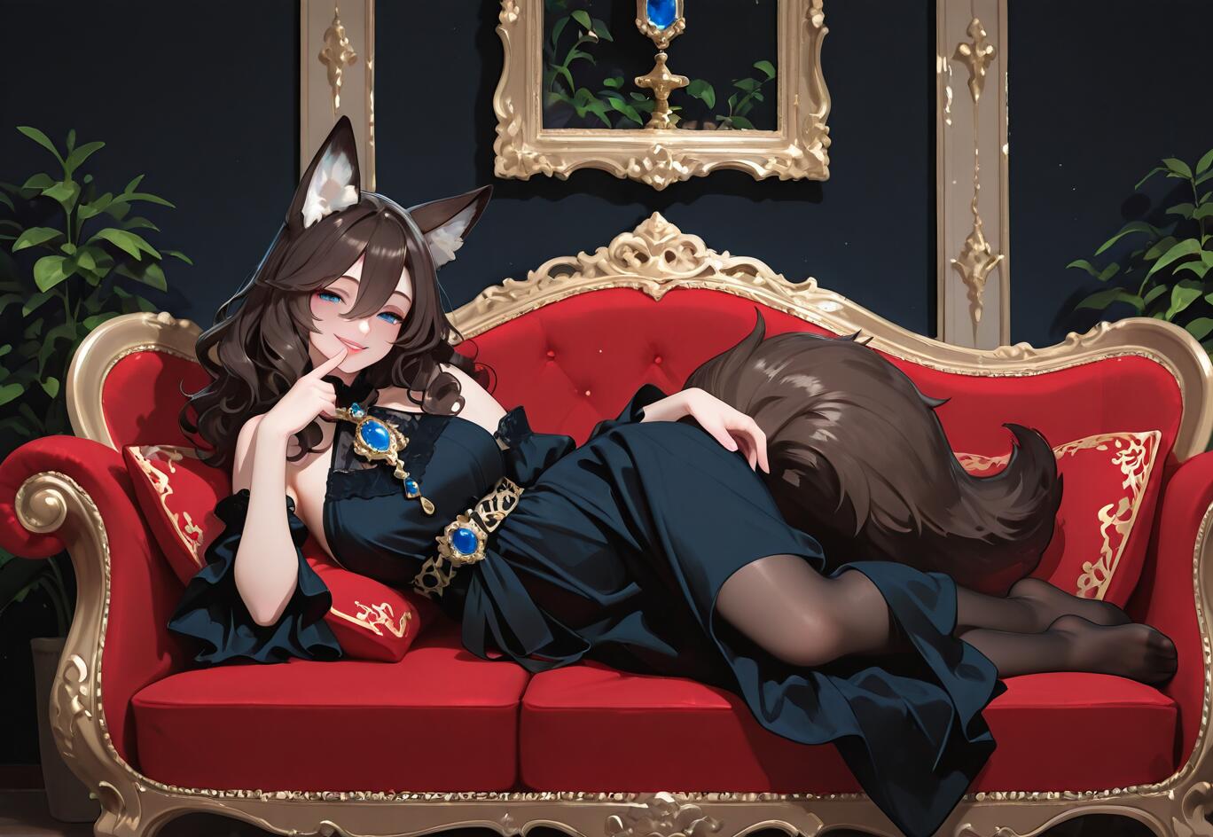 Ein Anime-Mädchen in Fuchsgestalt mit braunem Haar, spitzen Ohren und einem großen Schwanz, das ein dunkelblaues Kleid mit goldenen und blauen Edelsteinen trägt und verführerisch auf einem kunstvoll verzierten, roten und goldenen Sofa in einem luxuriösen Raum liegt.