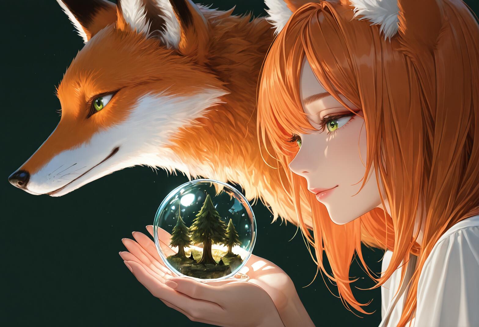 Eine im Anime-Stil gehaltene Illustration eines Fuchsmädchens mit orangefarbenem Haar und grünen Augen, das eine Glaskugel hält, in der eine Miniaturwaldlandschaft zu sehen ist, begleitet von einem großen Fuchs.