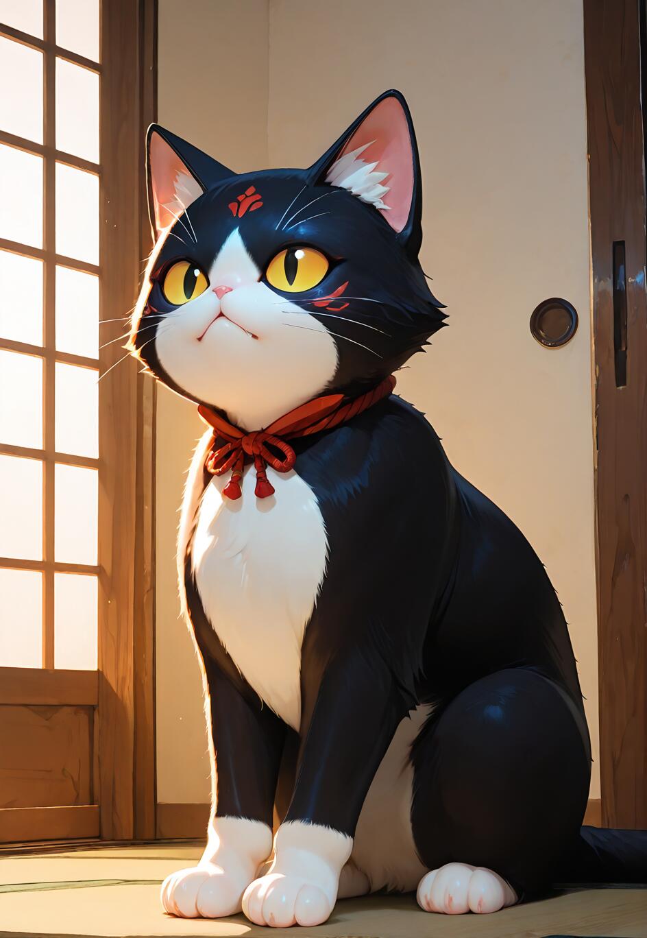 Eine im Anime-Stil gehaltene Illustration einer schwarz-weißen Katze im Frack, die aufrecht sitzt. Die Katze hat große, gelbe Augen, ein rotes Halsband und rote, an Kriegsbemalung erinnernde Markierungen im Gesicht. Sie befindet sich in einem japanisch gestalteten Raum neben einem Shoji-Paravent.