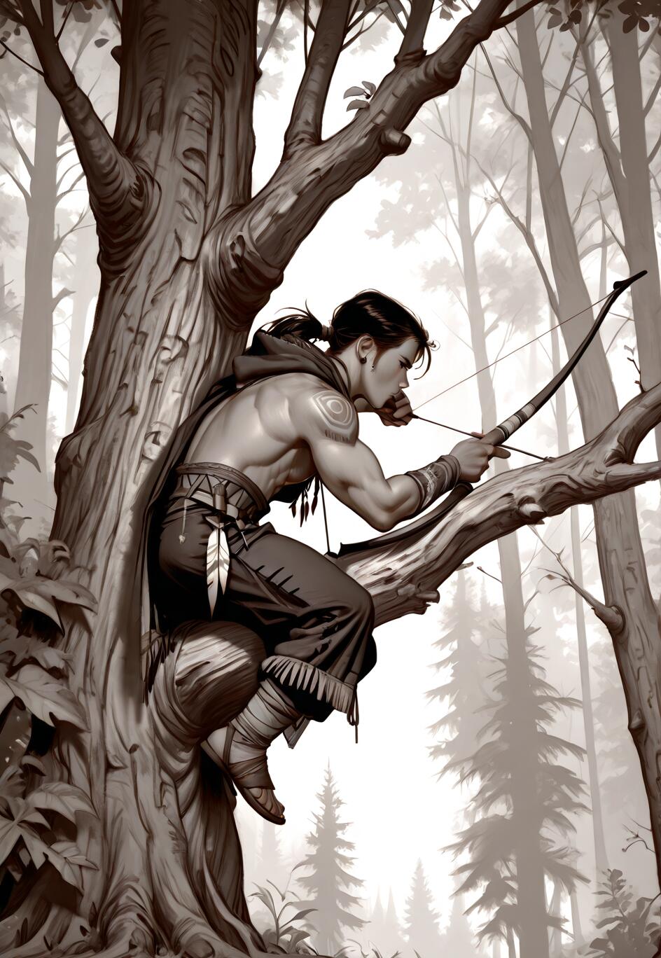 Ein muskulöser Mann mit einem Pferdeschwanz und einem Tattoo auf der Schulter sitzt auf einem Baumast in einem Wald und zielt mit einem Bogen und Pfeil. Das Bild ist eine Schwarz-Weiß-Illustration.