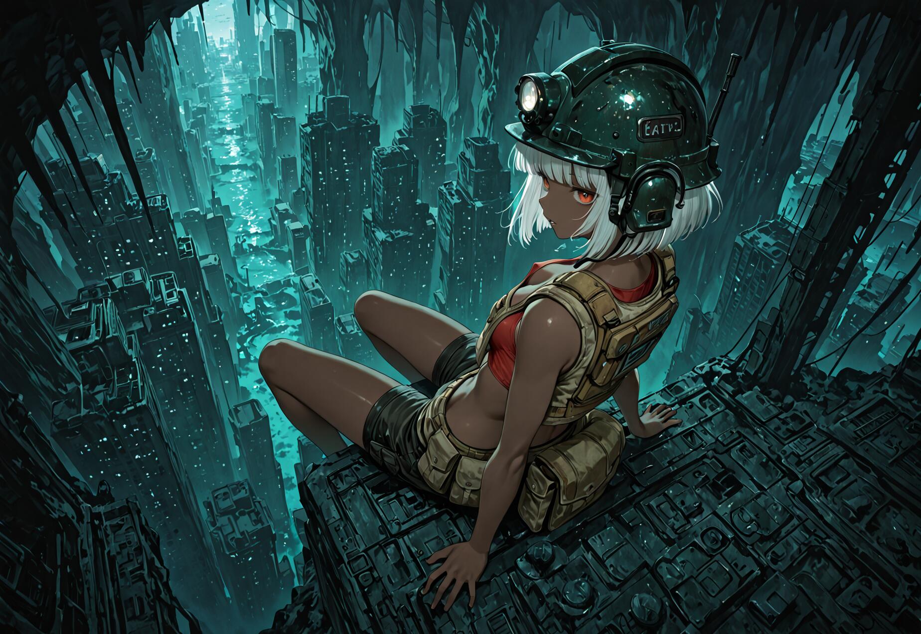 Eine im Anime-Stil gehaltene Illustration einer jungen Frau mit dunkler Haut und kurzen, weißen Haaren, die einen Bergmannhelm und eine Arbeitsweste trägt. Sie sitzt auf der Kante einer zerstörten Struktur und blickt auf eine weitläufige, unterirdische Stadt, durch deren Schluchten leuchtend türkisfarbenes Wasser fließt.