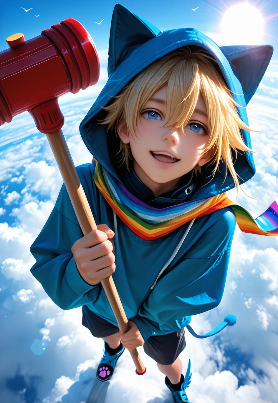 Ein Anime-Junge mit blonden Haaren und blauen Augen, der einen blauen Kapuzenpullover mit Katzenohren und einen Regenbogenschal trägt. Er lächelt, während er einen riesigen roten Spielzeughammer hält und hoch oben in einem sonnigen Himmel über den Wolken schwebt.