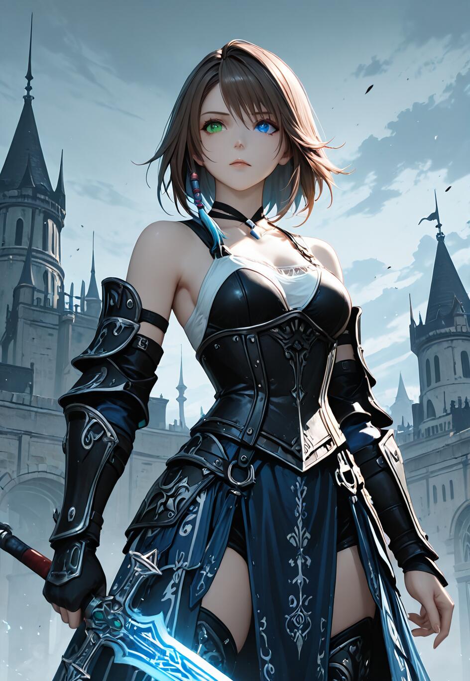 Eine im Anime-Stil gehaltene Illustration von Yuna aus Final Fantasy X, die als Ritterin gekleidet ist. Sie hat kurze, braune Haare, ein grünes und ein blaues Auge und hält ein leuchtend blaues Schwert vor einem großen, im gotischen Stil gehaltenen Schloss.