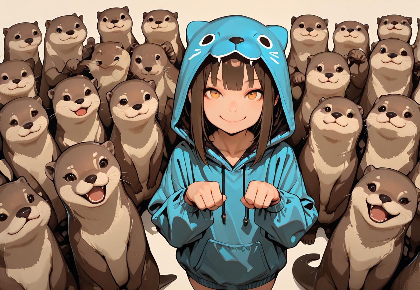 Ein Anime-Mädchen in einem blauen Kapuzenpullover mit Otter-Motiv lächelt, umgeben von einer großen Gruppe niedlicher Otter. Sie hält ihre Hände in einer Pose, die an Otterpfoten erinnert.
