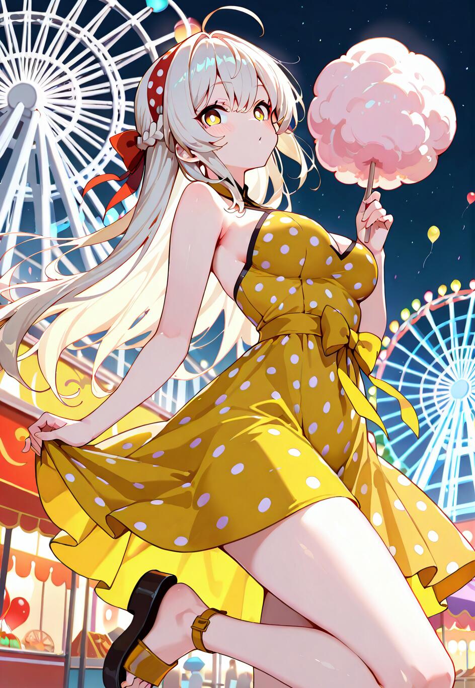 Ein Anime-Mädchen mit langen, blonden Haaren, das ein gelbes Kleid mit weißen Punkten trägt, hält auf einem Jahrmarkt in der Nacht rosa Zuckerwatte in der Hand. Im Hintergrund sind hell erleuchtete Riesenräder zu sehen.