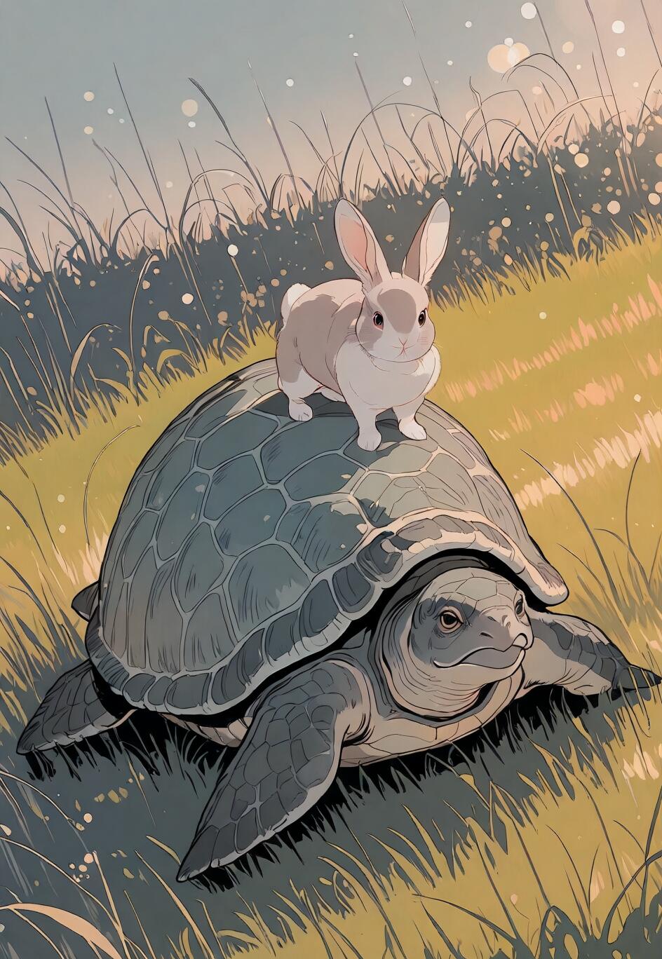 Eine moderne, im Anime-Stil gehaltene Illustration, die ein niedliches Kaninchen zeigt, das auf dem Rücken einer großen Schildkröte sitzt, während sie ein grasbewachsenes Feld überqueren.