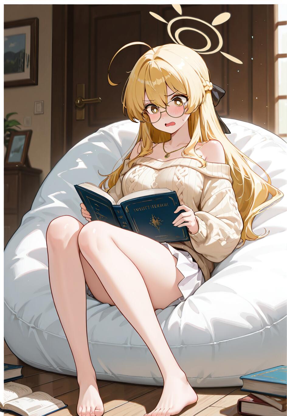 Eine Ganzkörperillustration der Figur Ajitani Hifumi aus dem Spiel Blue Archive. Sie ist ein blondhaariges Anime-Mädchen mit Brille und Heiligenschein, das auf einem weißen Sitzsack sitzt und mit einem leicht verwirrten Ausdruck ein Buch liest. Sie trägt einen cremefarbenen Pullover mit offenem Schulterbereich und einen weißen Rock in einem gemütlichen, sonnendurchfluteten Raum.