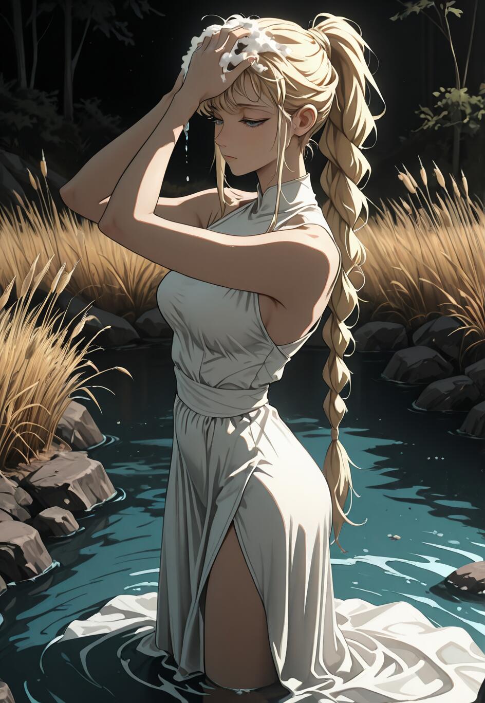 Eine im Anime-Stil gehaltene Illustration einer jungen Frau mit einem langen, geflochtenen, blonden Pferdeschwanz, die nachts in einem Fluss steht und ihr schaumiges Haar wäscht, während sie ein langes, weißes Kleid trägt.