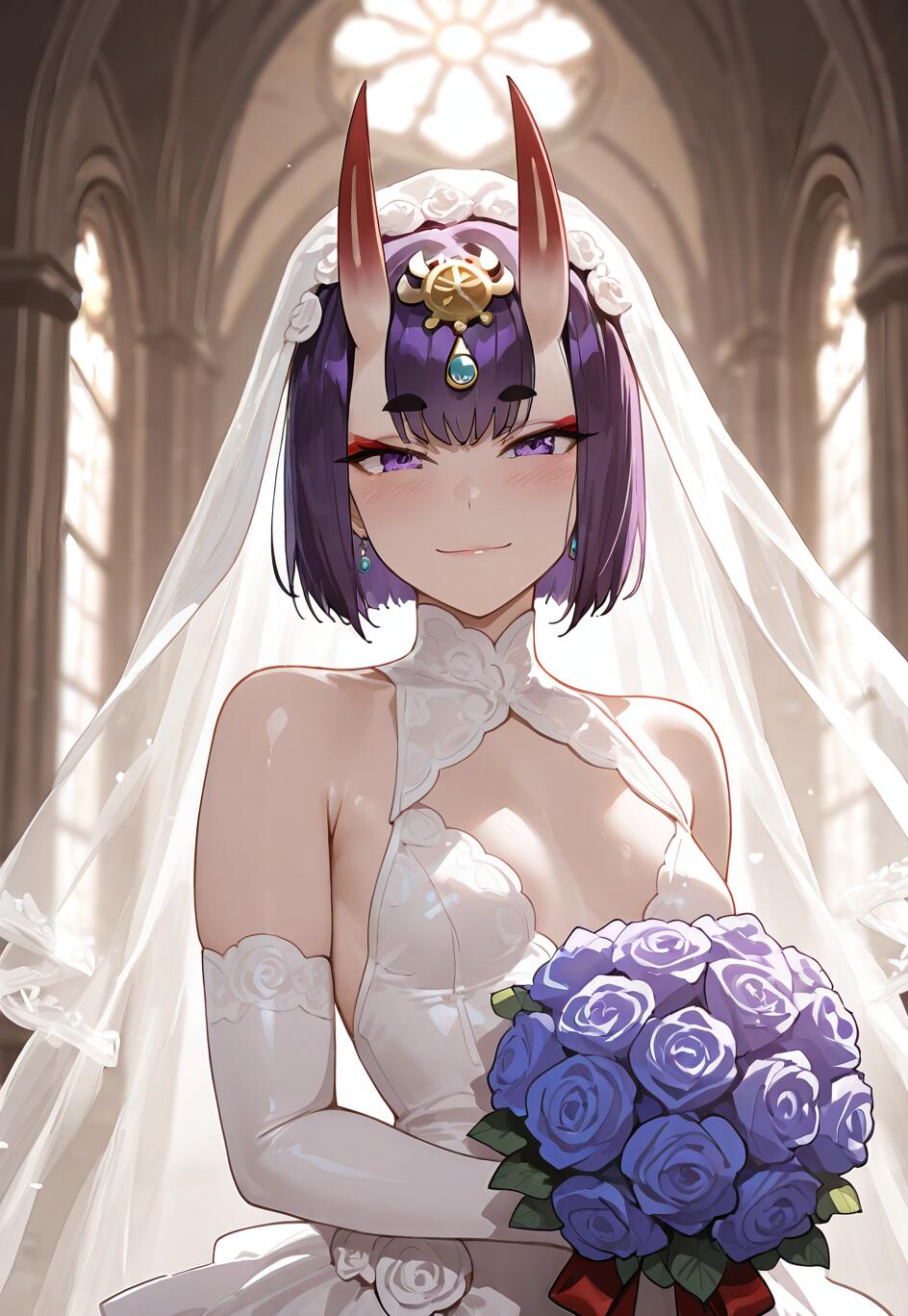 Shuten Douji aus Fate/Grand Order als Braut, lächelnd in einem weißen Brautkleid und Schleier in einer Kirche, hält einen Strauß blauer Rosen.