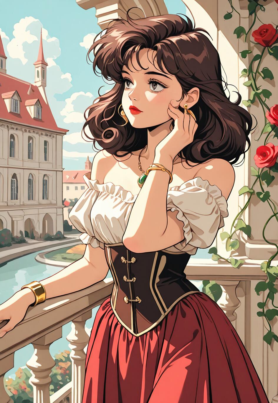 Eine im Anime-Stil gehaltene Illustration einer jungen Frau mit dunklen, lockigen Haaren, die ein Kleid im Stil der Renaissance trägt und auf einem sonnendurchfluteten Balkon steht, von dem aus man einen Blick auf eine europäische Stadt mit einem Kanal hat.
