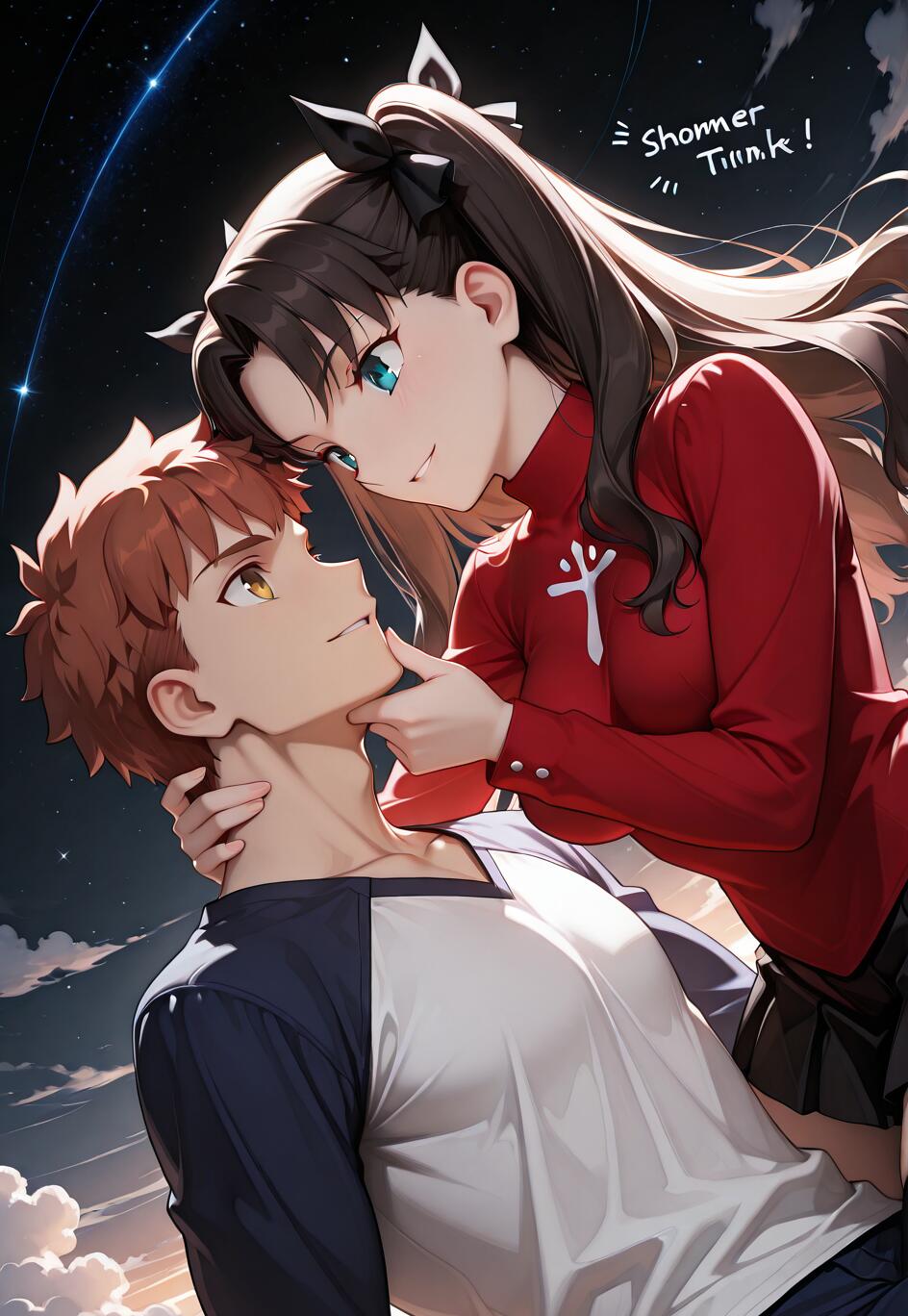 Eine Anime-Illustration von Tohsaka Rin und Emiya Shirou aus Fate/stay night, die einen romantischen Moment miteinander teilen. Rin, mit langen, dunklen Haaren und einem roten Pullover, blickt auf Shirou herab und hält sein Kinn. Shirou, mit kastanienbraunen Haaren, blickt zu ihr auf. Der Hintergrund ist ein dunkler, sternenübersäter Nachthimmel mit Wolken.