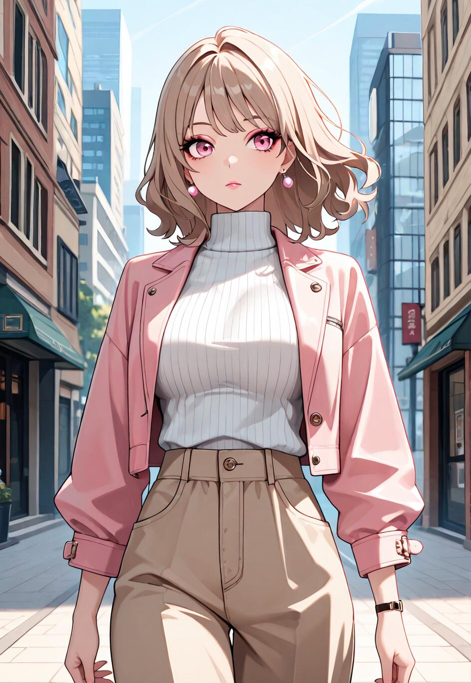 Eine im Anime-Stil gehaltene Illustration einer modischen jungen Frau mit blonden, gewellten Haaren und rosa Augen, die eine Stadtstraße entlanggeht. Sie trägt eine rosa Jacke, einen weißen Rollkragenpullover und eine beige Hose.