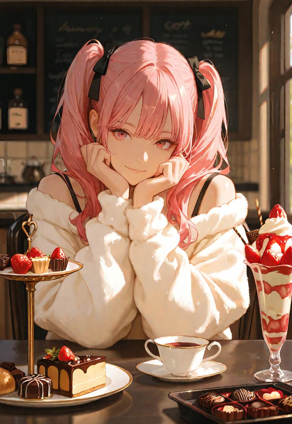 Ein Anime-Mädchen mit rosa, zu zwei Zöpfen gebundenem Haar sitzt an einem Café-Tisch, der mit Desserts beladen ist. Sie trägt einen weißen, flauschigen Pullover und lächelt, wobei ihr Kinn auf ihren Händen ruht. Auf dem Tisch stehen ein Erdbeer-Parfait, ein Stück Kuchen, eine Tasse Tee und eine Dessertetage.